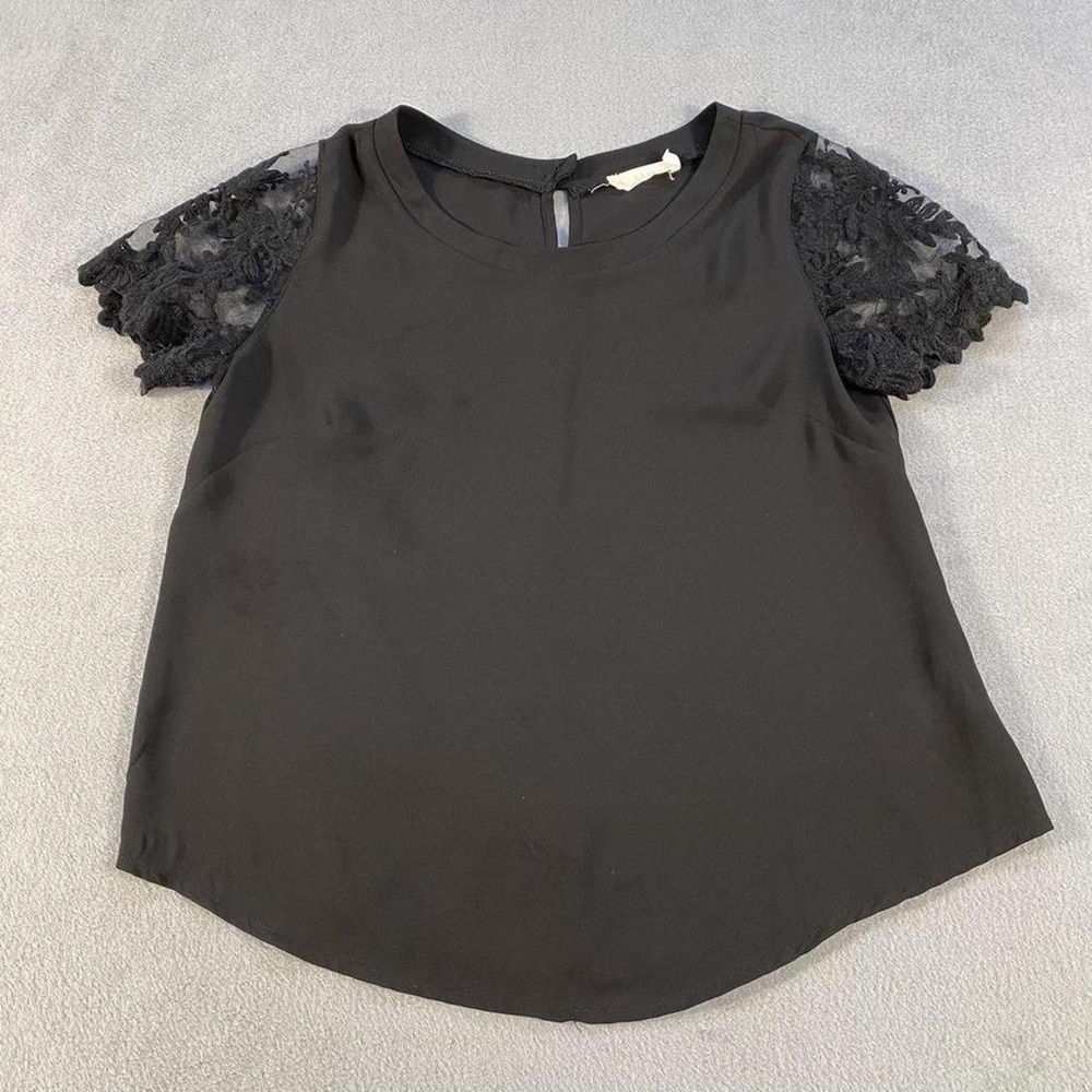 Lush Black Blouse with Lace Sleeves